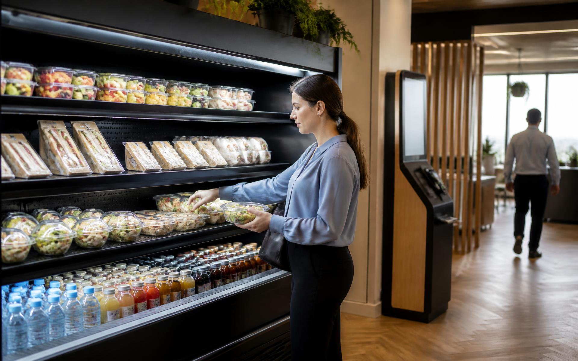 Employee choosing a fresh salad from an Oasismart workplace micro-market with self-service kiosk