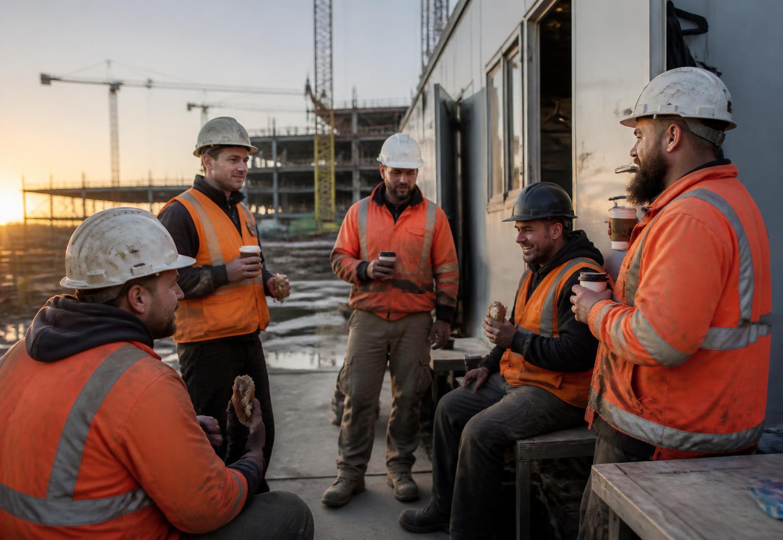 Construction workers taking a break with coffee and fresh food at dawn